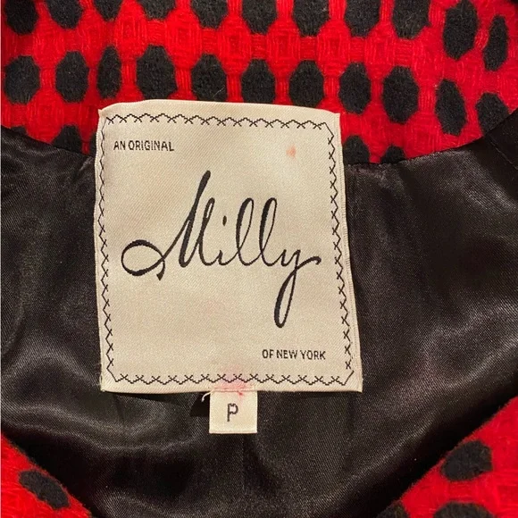 MILLY Beautiful Red & Black Circle Check 100% Wool Cape Lined Rare